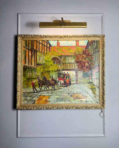 Original Vintage Oil Painting – English Coaching Inn Courtyard Scene by A. Calway '82