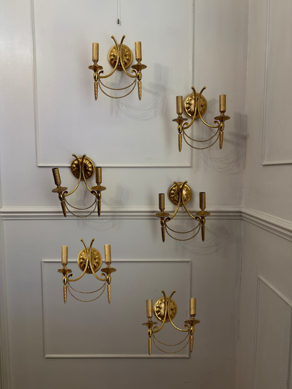 Vintage 1960s Gaetano Sciolari Hollywood Regency Gilt Brass Wall Sconces