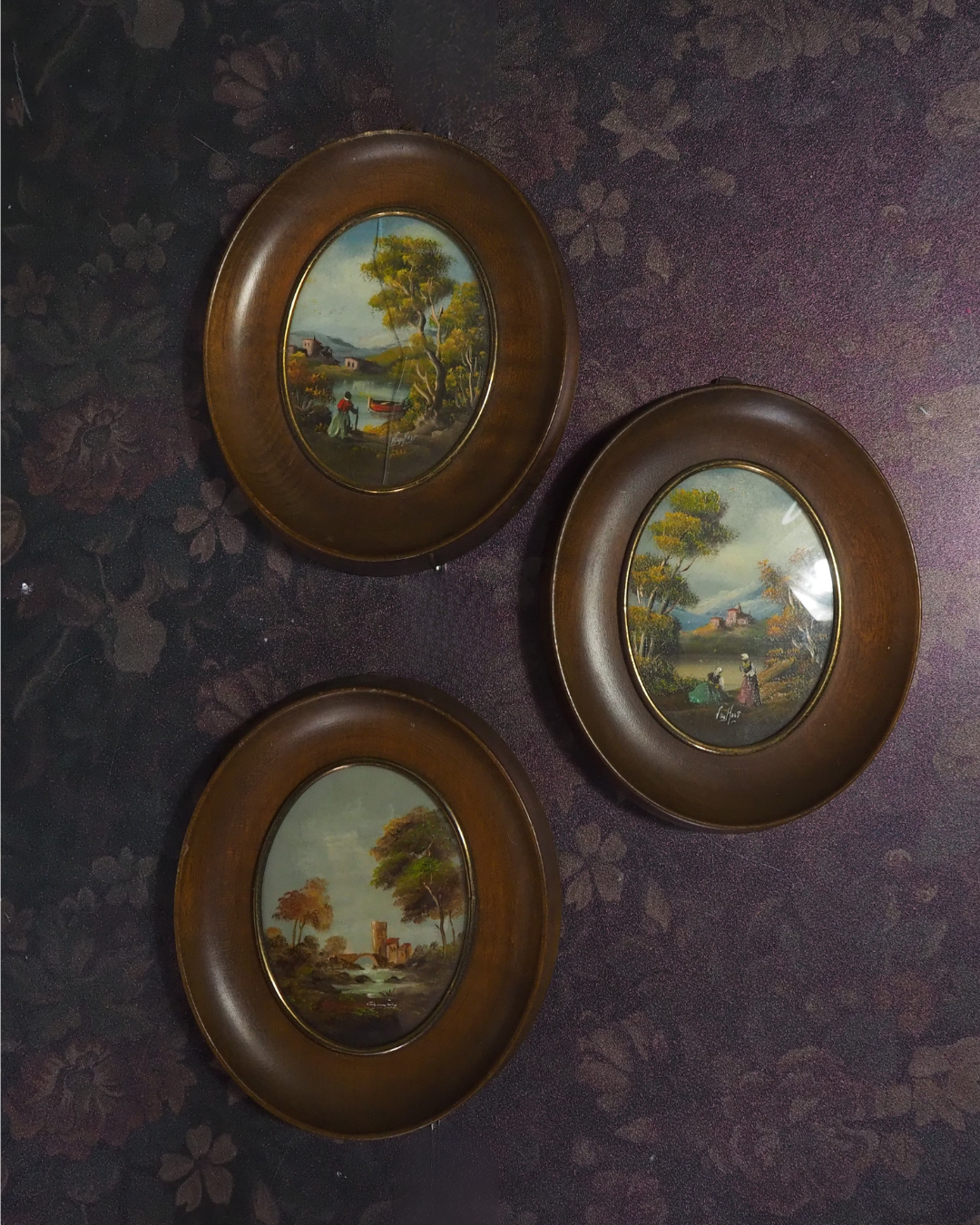 Vintage Van Holt Miniature Oil Paintings – Italian 1950-1960s Domed Glass