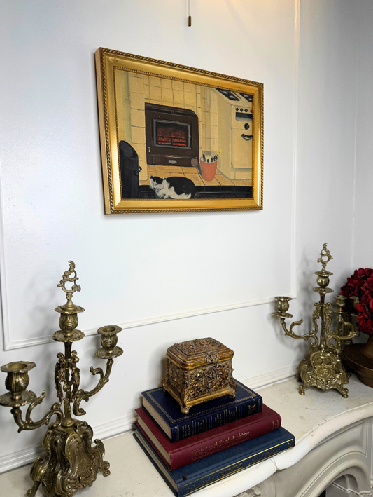 Kitchen Companion – Vintage Oil Painting of Cat in Gilt Frame