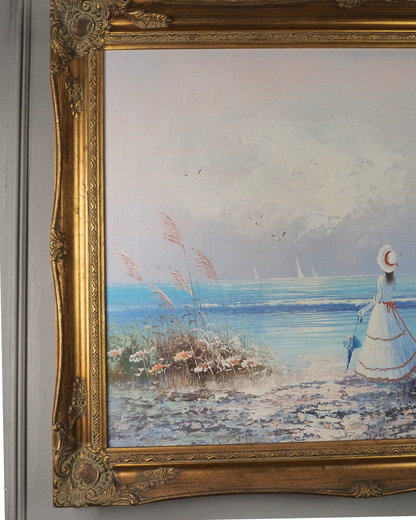 Vintage 1970s French Impressionist Style Oil Painting - Ladies at the Beach