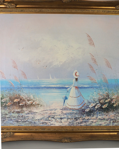 Vintage 1970s French Impressionist Style Oil Painting - Ladies at the Beach