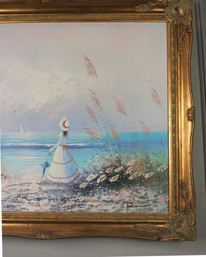 Vintage 1970s French Impressionist Style Oil Painting - Ladies at the Beach