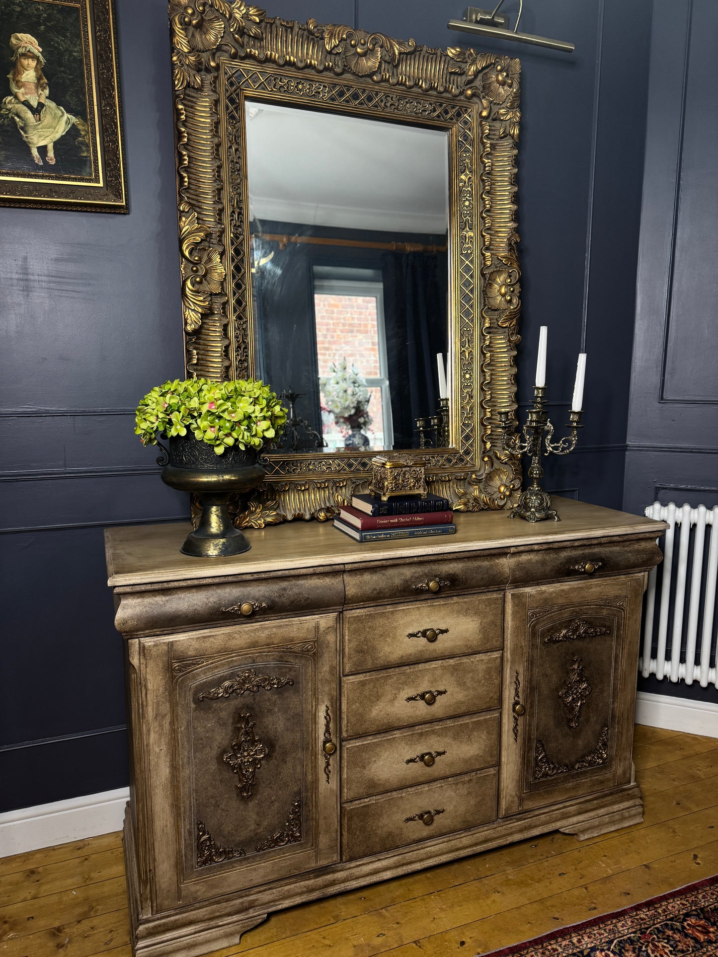 Vintage French-Inspired Upcycled Sideboard | Heavily Distressed 7-Drawer + 2 Cabinet Buffet with Original Brass Handles