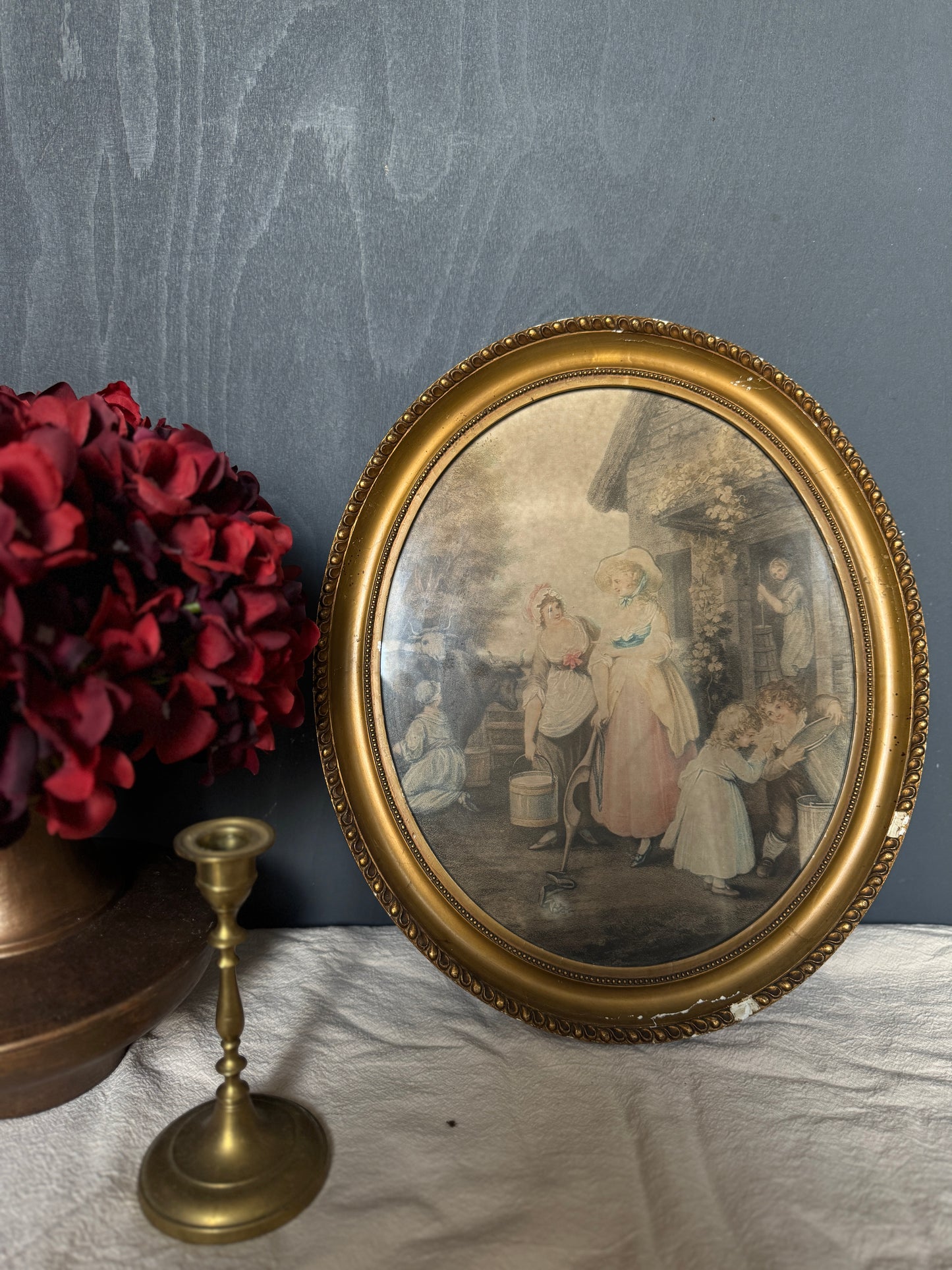Vintage Hand-Coloured Artwork Stipple Engraving in Oval Giltwood Frame