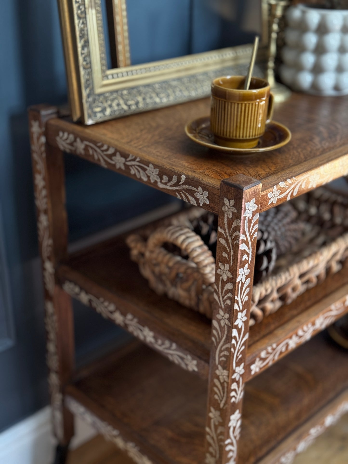 Upcycled Mid-Century Drinks Trolley | Hand-Painted Folk Art Bar Cart | Vintage Tea Cart with Wheels