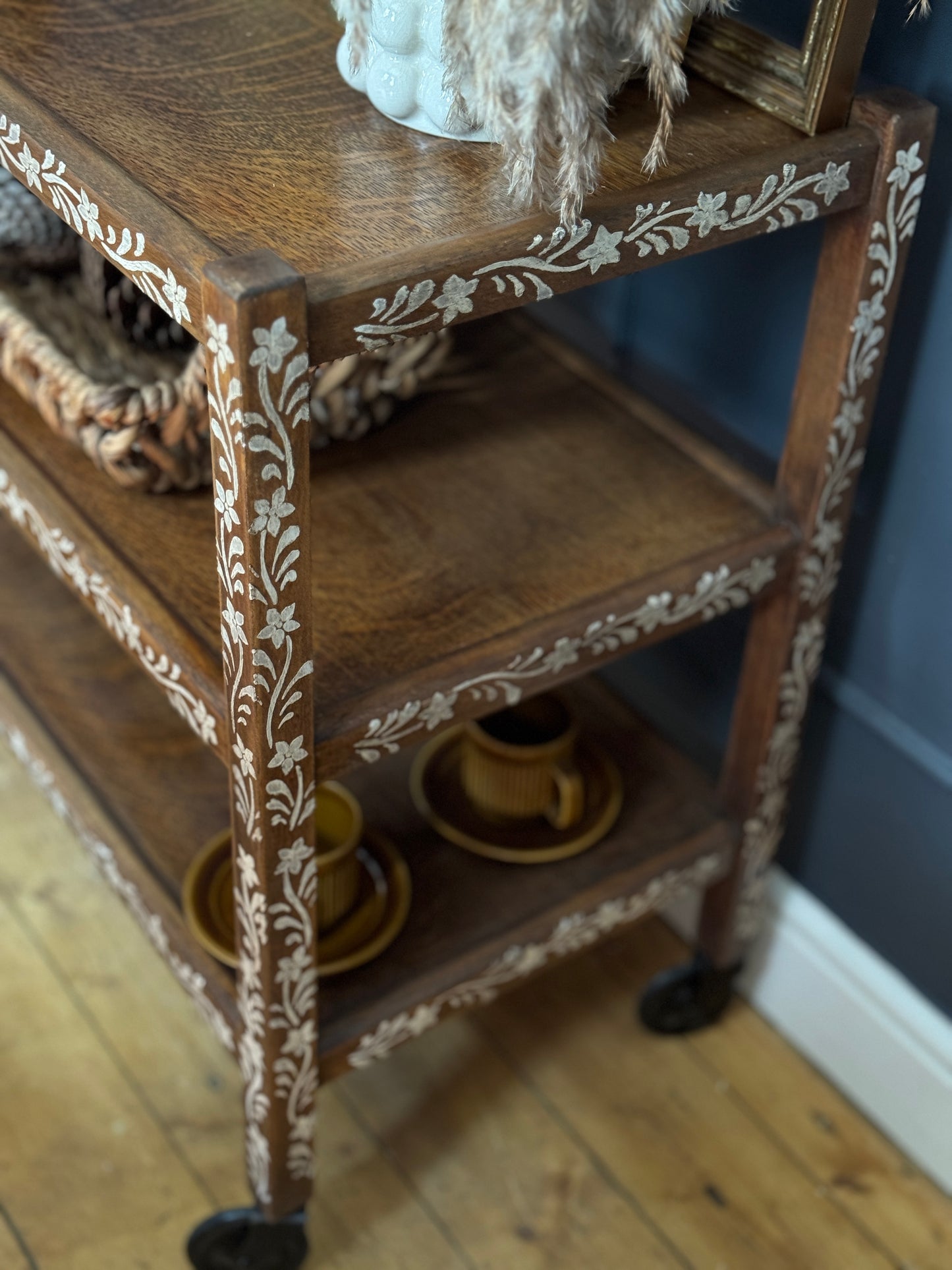 Upcycled Mid-Century Drinks Trolley | Hand-Painted Folk Art Bar Cart | Vintage Tea Cart with Wheels