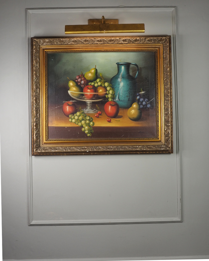 Mid Century European Still Life Oil Painting Fruit Bowl Blue Pitcher Framed Vintage 1960s