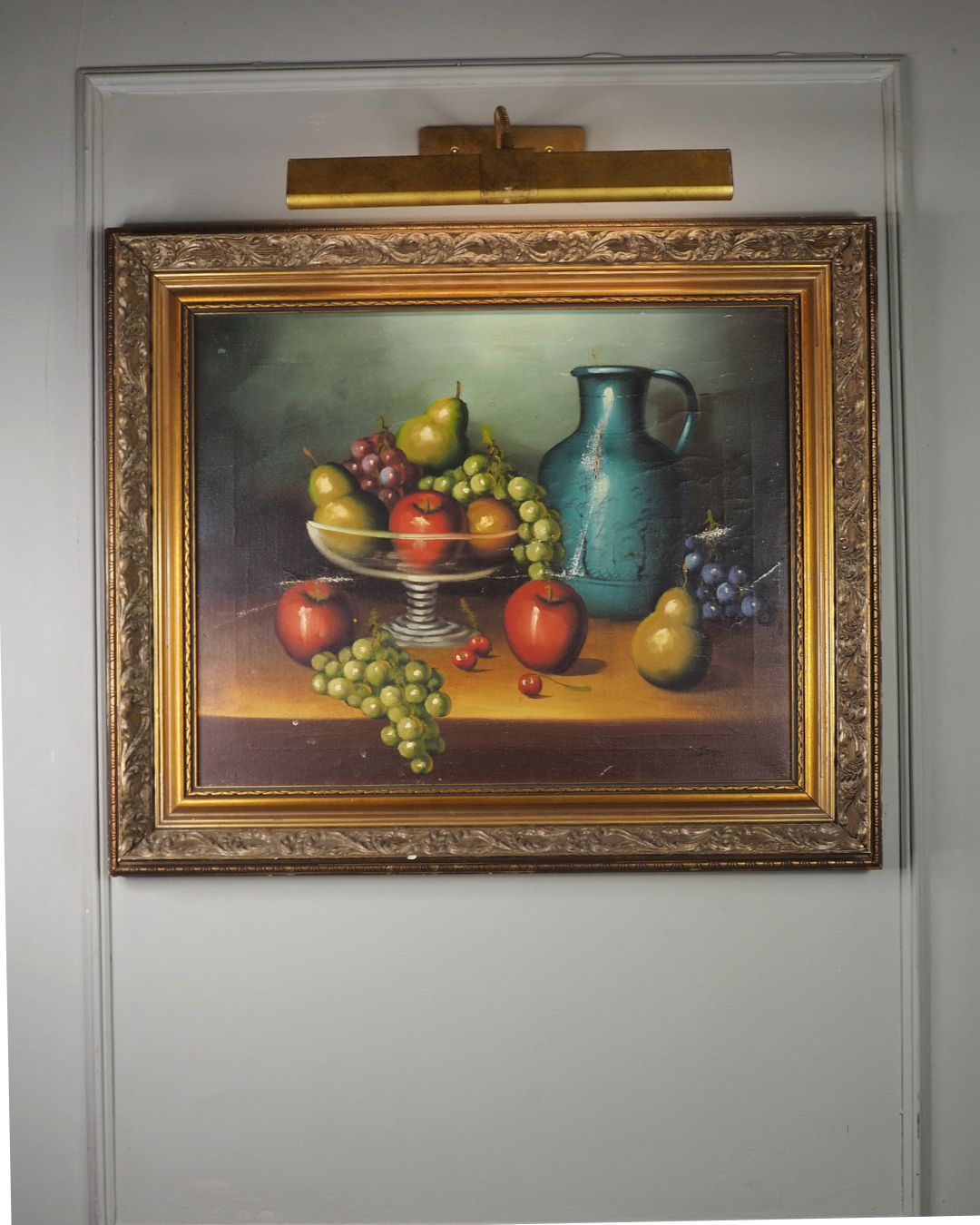 Mid Century European Still Life Oil Painting Fruit Bowl Blue Pitcher Framed Vintage 1960s