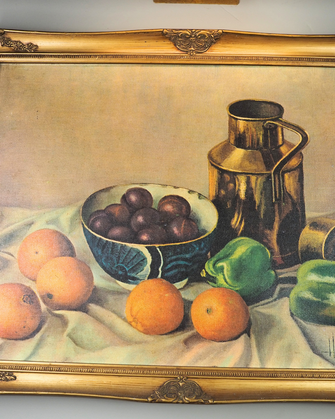 Vintage Henk Bos Still Life Framed Textured Print | Dutch Fruit & Brass Jug Wall Art