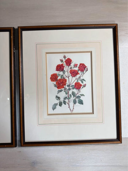 Vintage Signed Print Art Set in Matching Wooden Glazed Frame Pair