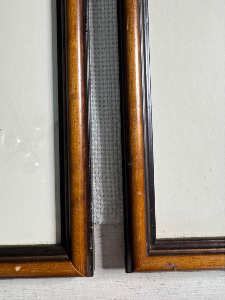 Vintage Signed Print Art Set in Matching Wooden Glazed Frame Pair