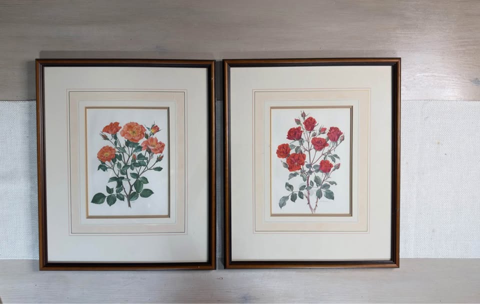 Vintage Signed Print Art Set in Matching Wooden Glazed Frame Pair