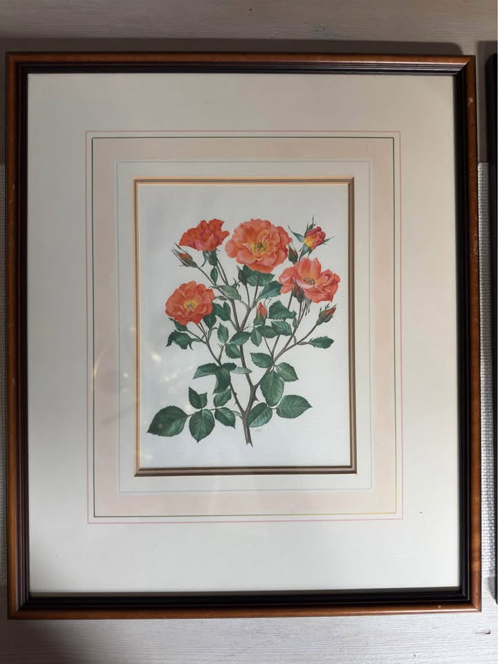 Vintage Signed Print Art Set in Matching Wooden Glazed Frame Pair