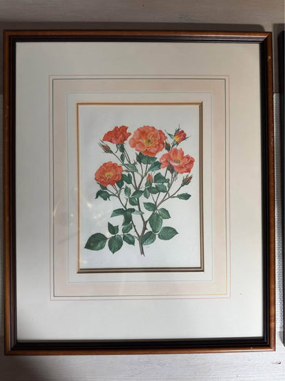 Vintage Signed Print Art Set in Matching Wooden Glazed Frame Pair