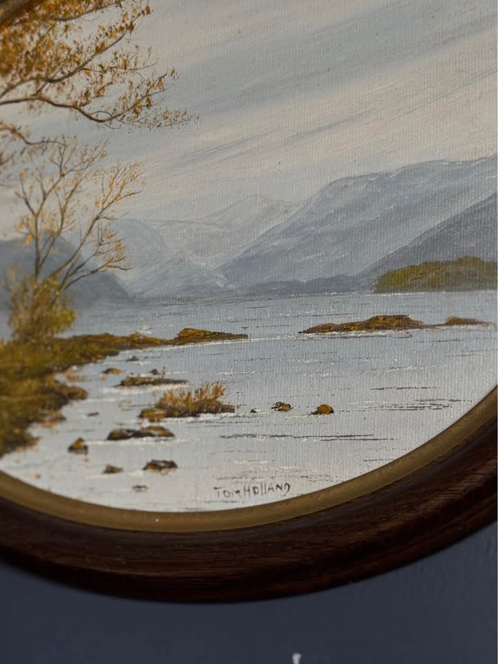 Vintage Original Signed Oil Painting by Tom Holland in Wooden Oval frame