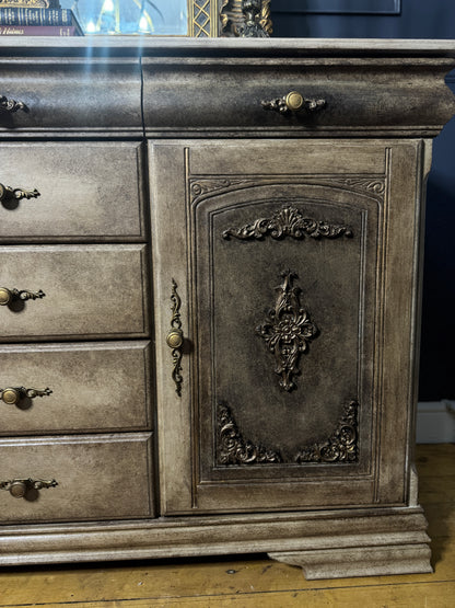 Vintage French-Inspired Upcycled Sideboard | Heavily Distressed 7-Drawer + 2 Cabinet Buffet with Original Brass Handles