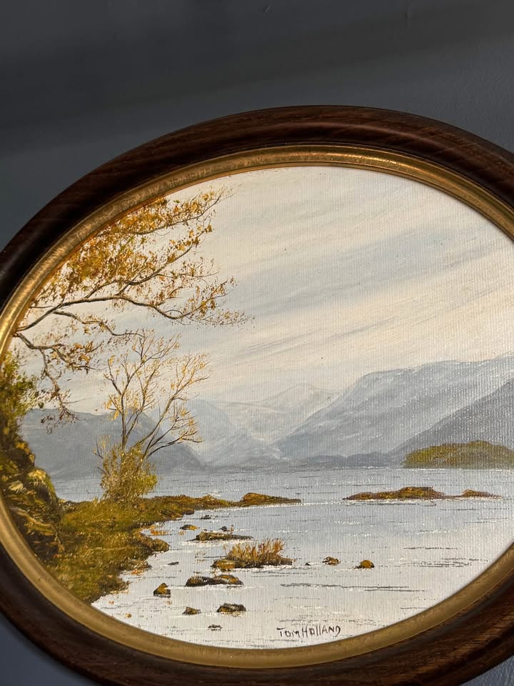 Vintage Original Signed Oil Painting by Tom Holland in Wooden Oval frame