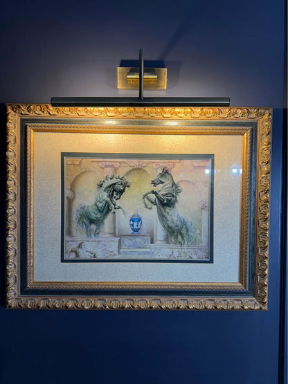 Vintage Large Gold Gilt Frame with Green Marble Effect & Classic Horse Print