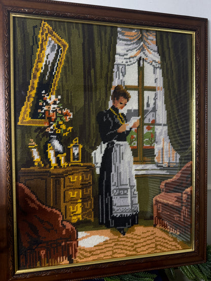 “The Reading Servant” – Hand-Stitched Gobelin Embroidery Art