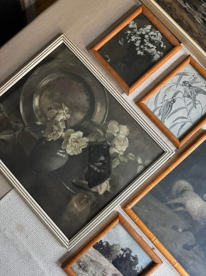 Vintage Styled Gallery Wall Set with Prints + Mix of Bamboo & White Frames ( x 10 )