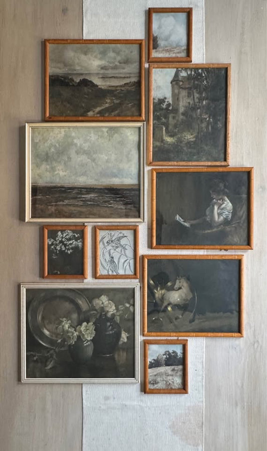 Vintage Styled Gallery Wall Set with Prints + Mix of Bamboo & White Frames ( x 10 )