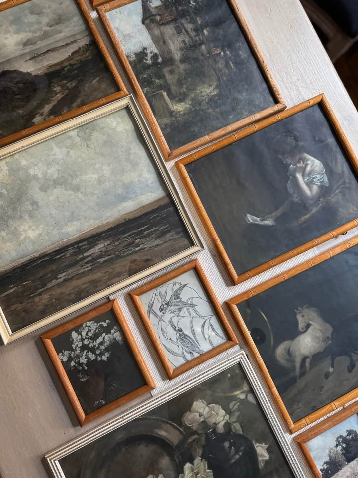 Vintage Styled Gallery Wall Set with Prints + Mix of Bamboo & White Frames ( x 10 )