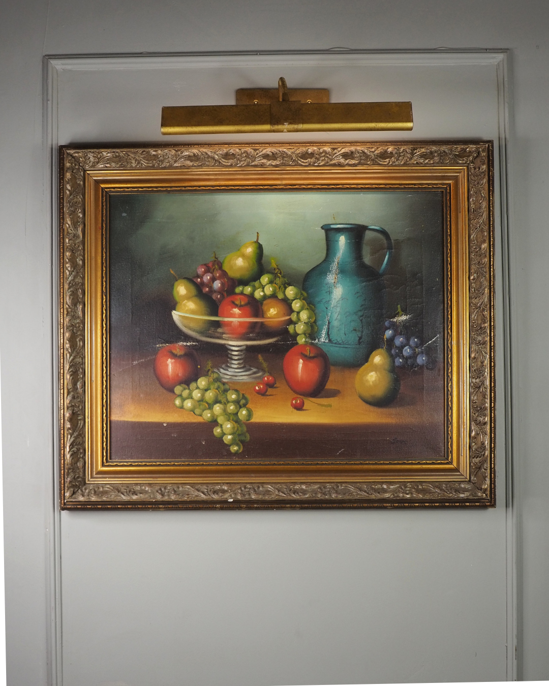 Mid Century European Still Life Oil Painting Fruit Bowl Blue Pitcher Framed Vintage 1960s