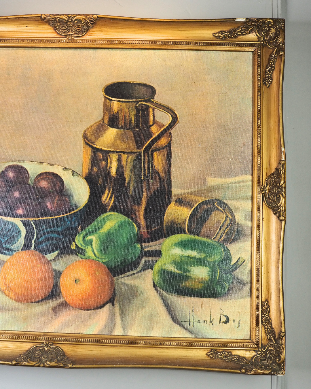 Vintage Henk Bos Still Life Framed Textured Print | Dutch Fruit & Brass Jug Wall Art