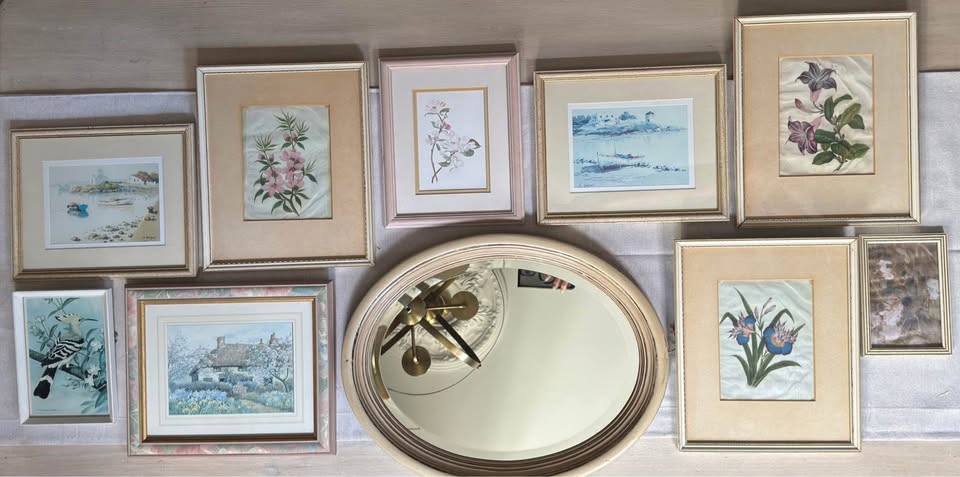 Vintage Light Gallery Wall Set with Vintage Prints + Oval Mirror ( x 10 )