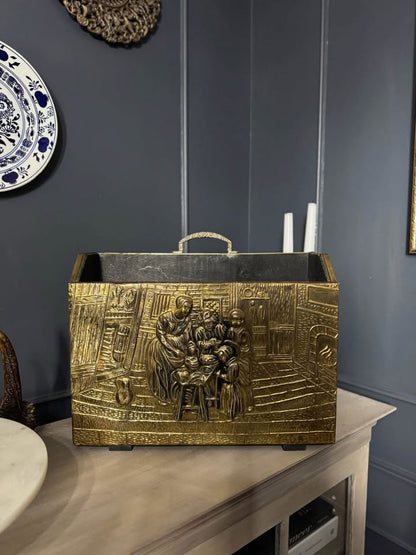 Vintage Lombard Brass Magazine Rack with Embossed Family Scene