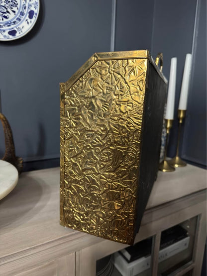 Vintage Lombard Brass Magazine Rack with Embossed Family Scene