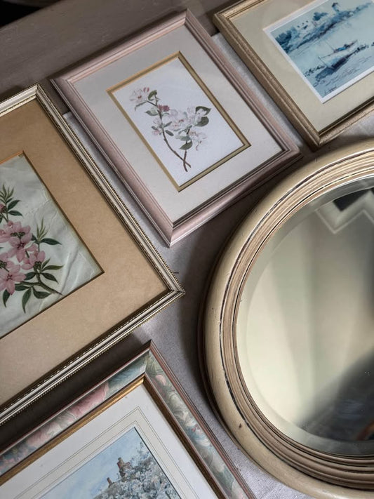 Vintage Light Gallery Wall Set with Vintage Prints + Oval Mirror ( x 10 )