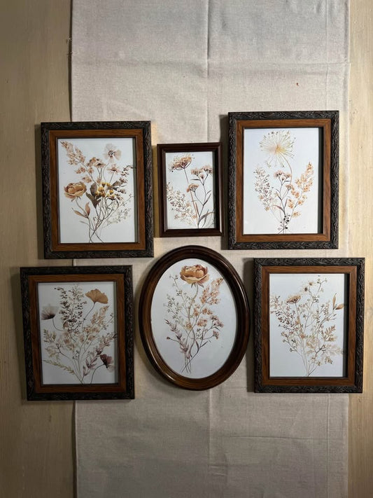 Vintage Flower Themed Gallery Wall Set with Unique Wooden Carved + Oval Frames ( x 6 )