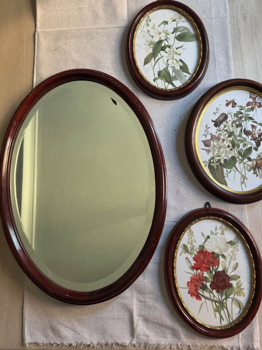  Vintage Flower Themed Oval Gallery Wall Set with Bevelled Oval Mirror ( x 4 )