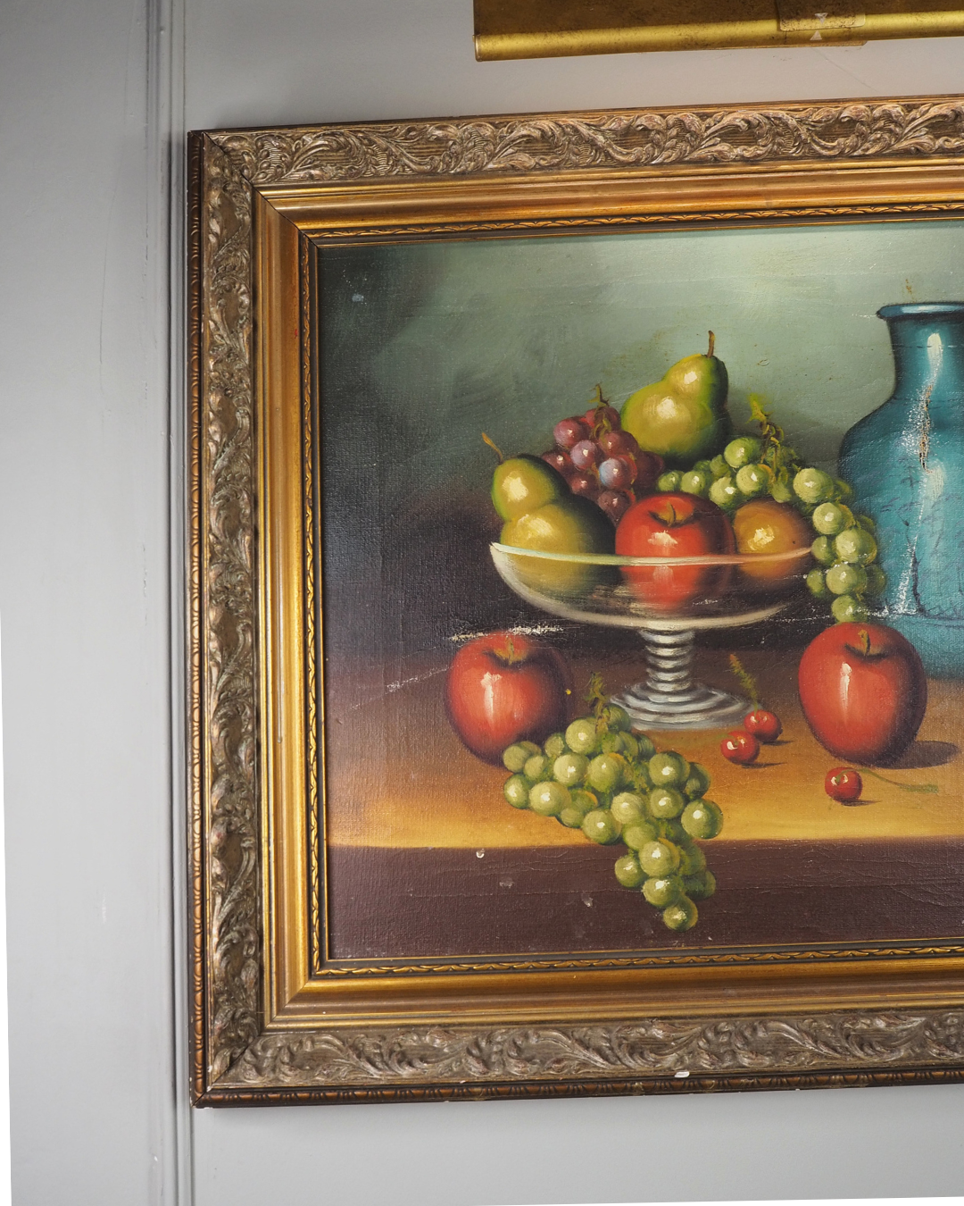 Mid Century European Still Life Oil Painting Fruit Bowl Blue Pitcher Framed Vintage 1960s