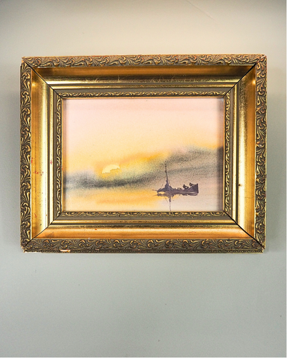Golden Voyage- Small Vintage Watercolour Painting in Gold Gilt Frame