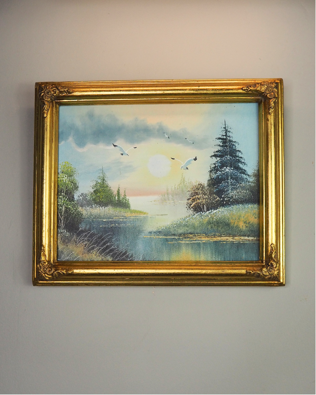 Forest Stream and Wild Birds- Small Vintage Oil Painting