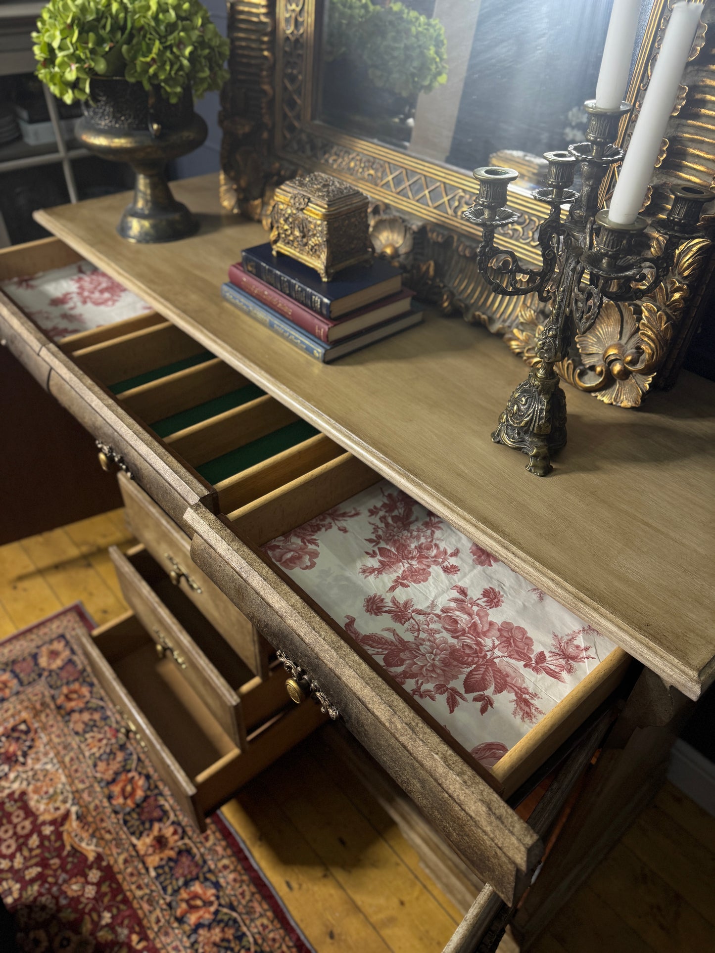Vintage French-Inspired Upcycled Sideboard | Heavily Distressed 7-Drawer + 2 Cabinet Buffet with Original Brass Handles