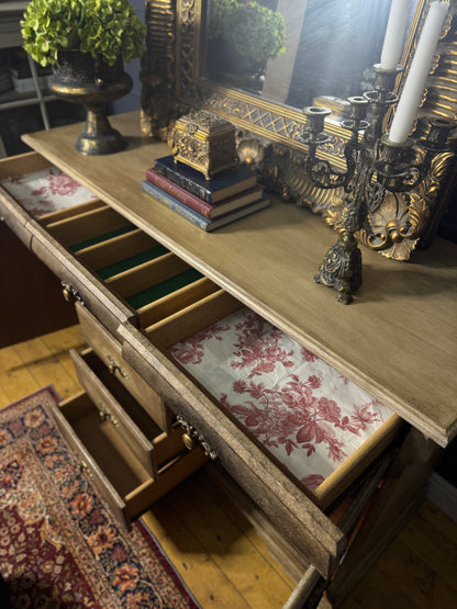 Vintage French-Inspired Upcycled Sideboard | Heavily Distressed 7-Drawer + 2 Cabinet Buffet with Original Brass Handles