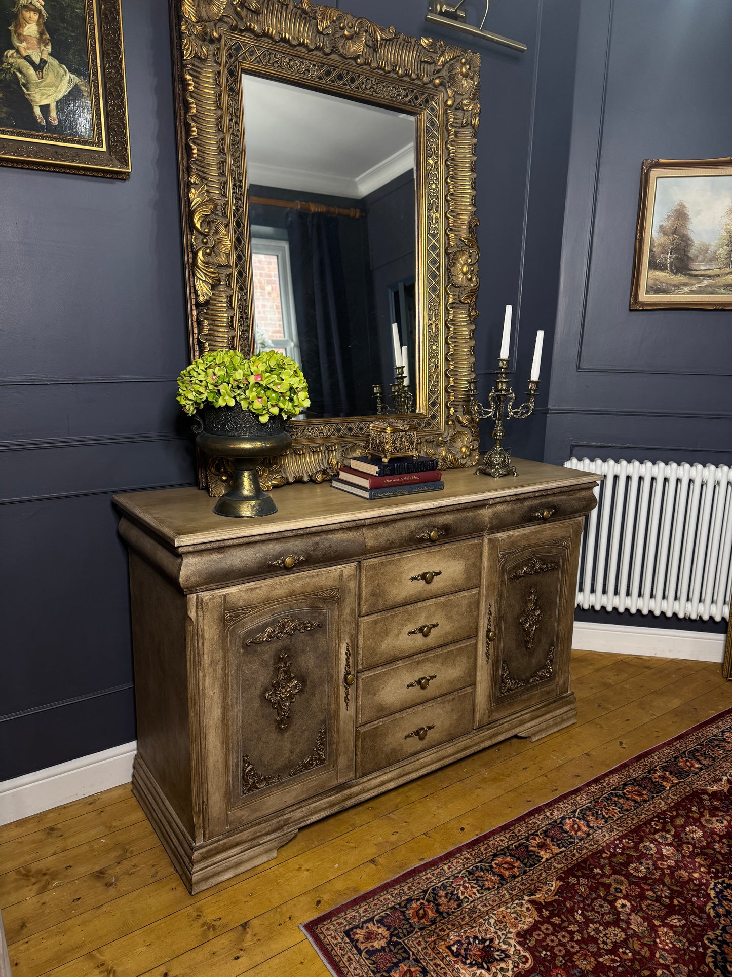 Vintage French-Inspired Upcycled Sideboard | Heavily Distressed 7-Drawer + 2 Cabinet Buffet with Original Brass Handles