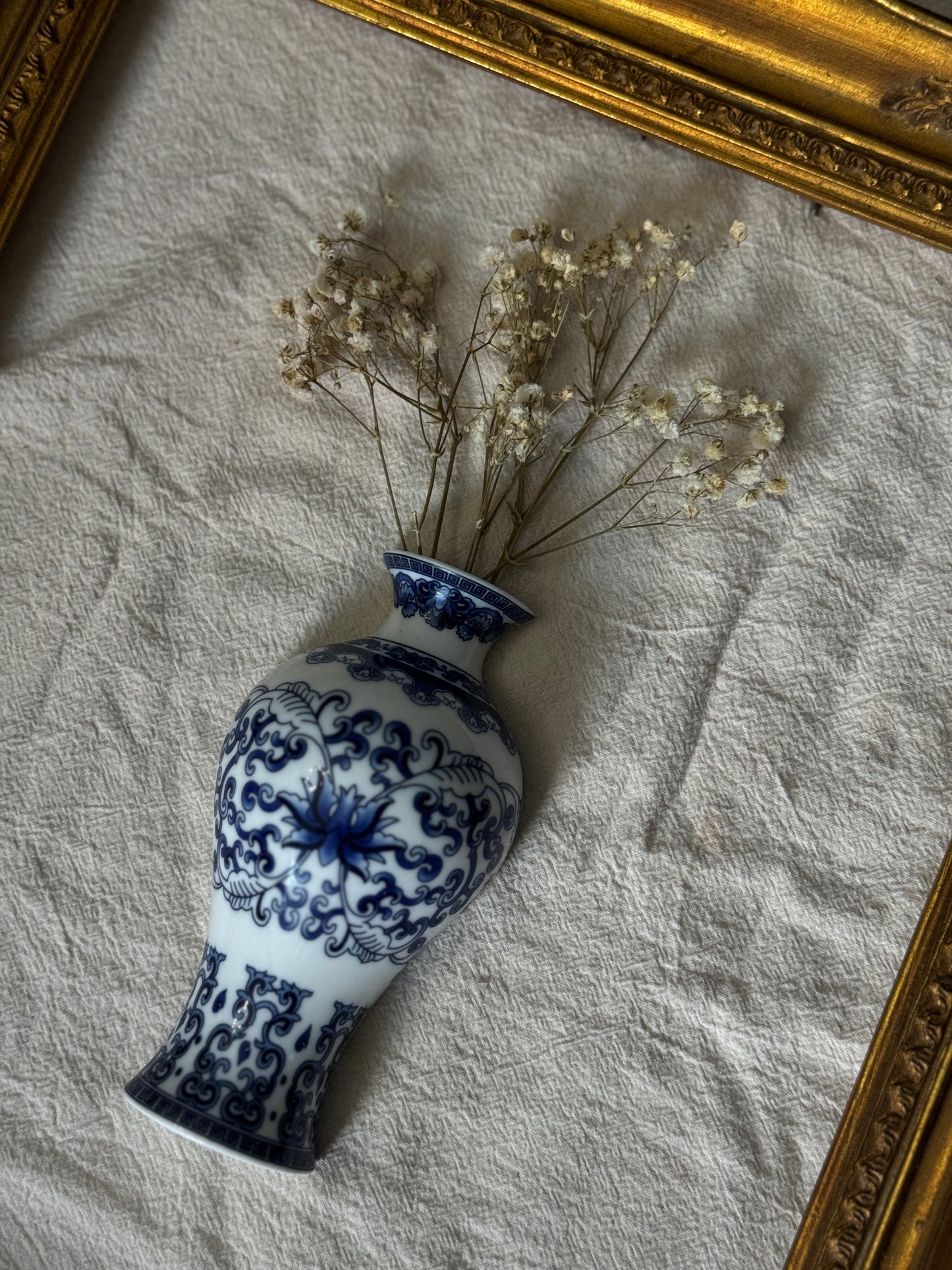 Vintage Gallery Wall Set | Gold Ornate Frame with Vase Trio & Dried Flowers | Decorative Wall Decor