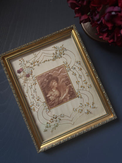 Antique Padded Silk-on-Silk Embroidery on Board in Ornate Gold Gilt Frame