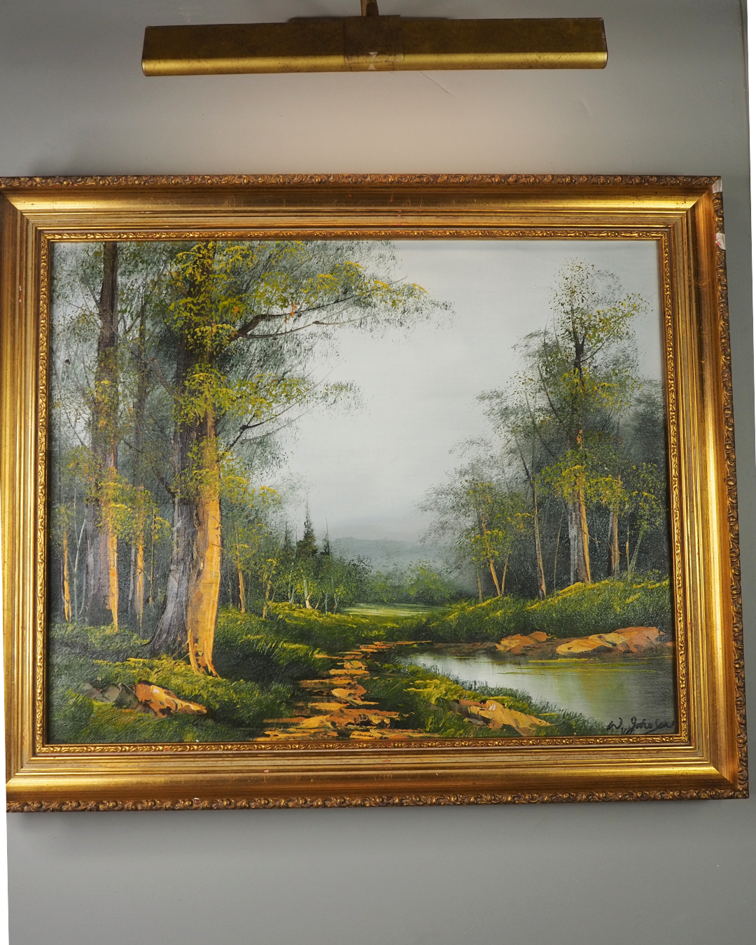 Vintage Mid-Century Oil Painting – Forest River Stream Landscape by W.Johnson