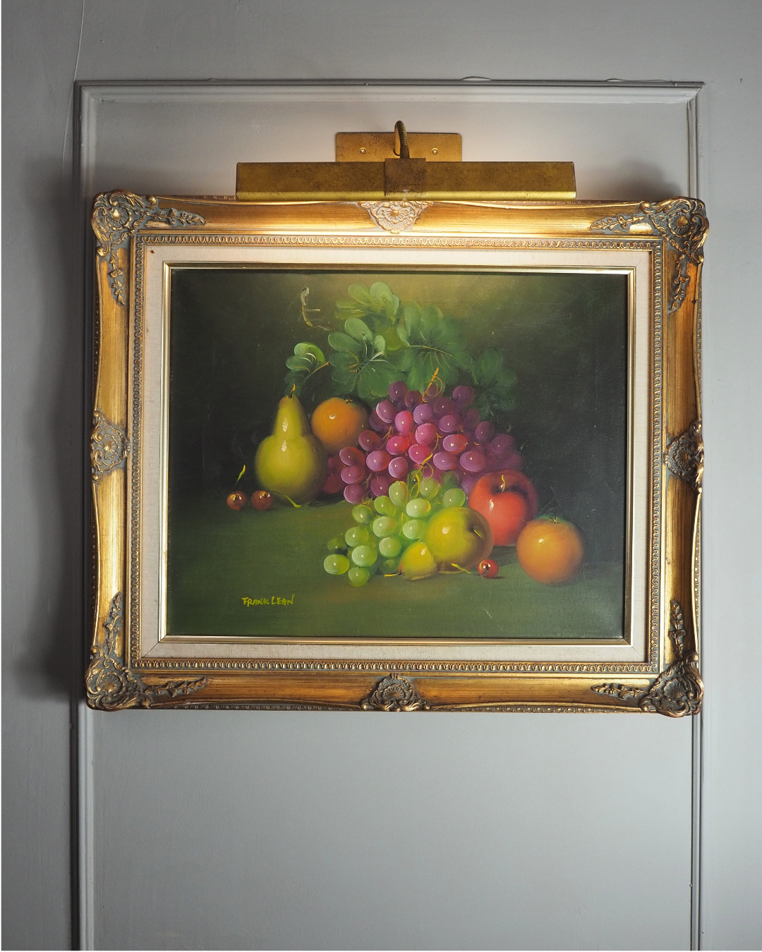 Frank Lean Still Life Oil Painting Signed French Artist Fruit Bowl in Ornate Frame