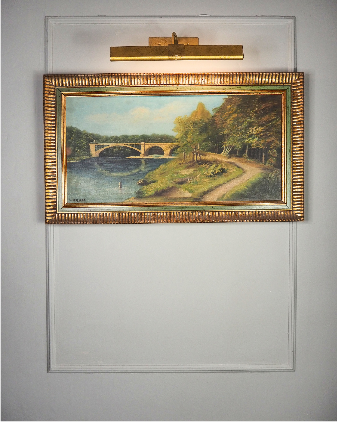 English Landscape Oil Painting by R.Nicol– Lower Hodder Bridge Scene Gold & Green Frame