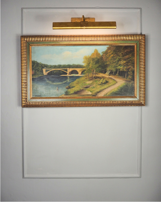 English Landscape Oil Painting by R.Nicol– Lower Hodder Bridge Scene Gold & Green Frame