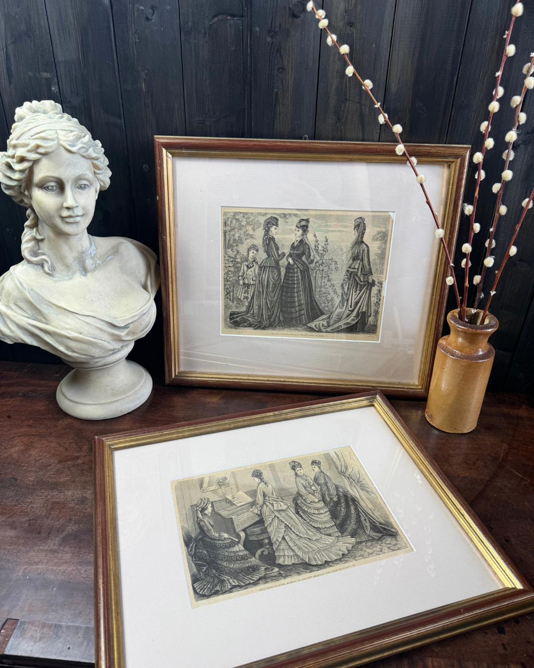 Pair of Antique French Fashion Engraved Newspaper Prints -Paris Couture Wall Art