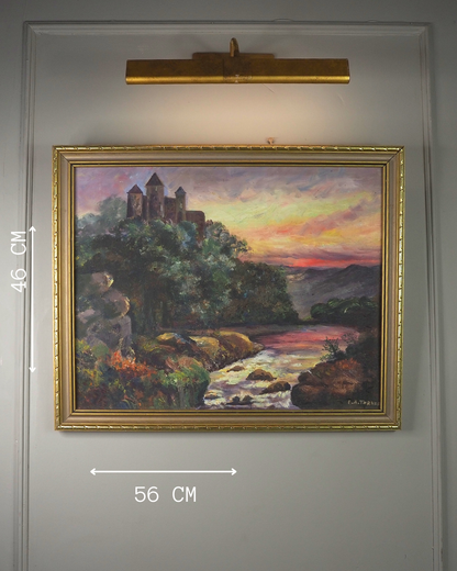 Vintage Medieval Castle River Scene Oil Painting by F.A. Turner