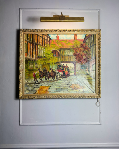 Original Vintage Oil Painting – English Coaching Inn Courtyard Scene by A. Calway '82